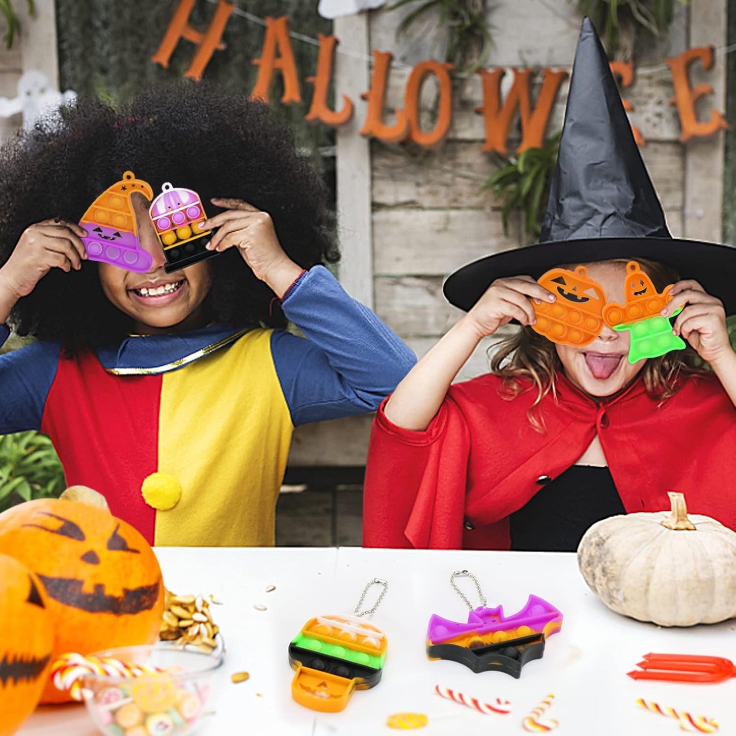 Halloween Party Favors - Halloween Pop Fidget Toys - 24 Mini Pop Bubbles Bulk with Keychain for Kids 4-8 8-12- Stress Relief Sensory Fidget Pack prizes for School Classroom Toddlers Boys Girls