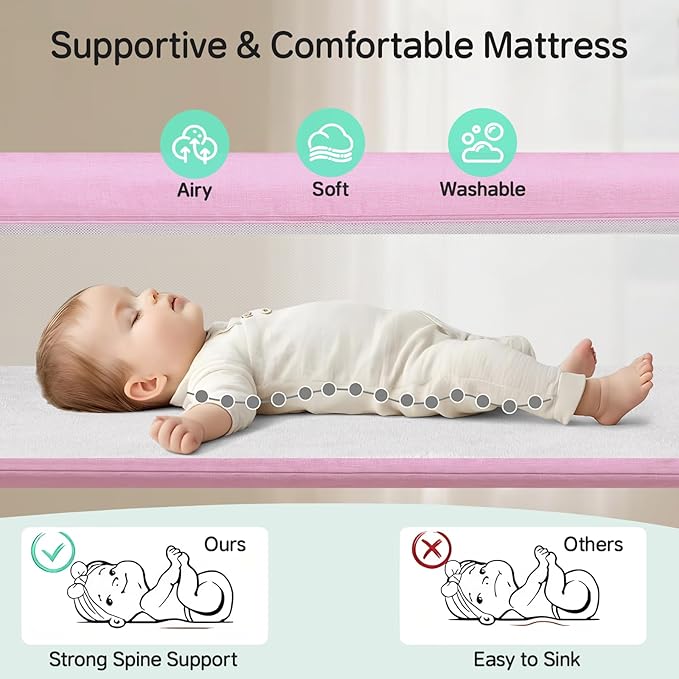 Cowiewie Bassinet Bedside Sleeper,Baby Bassinets Higher Place on Bed,5-Position Adjustment Baby Crib,Breathable 360°All-Around Mesh Sides Bedside Bassinet,Space-Saving Bedside Cribs, Pink