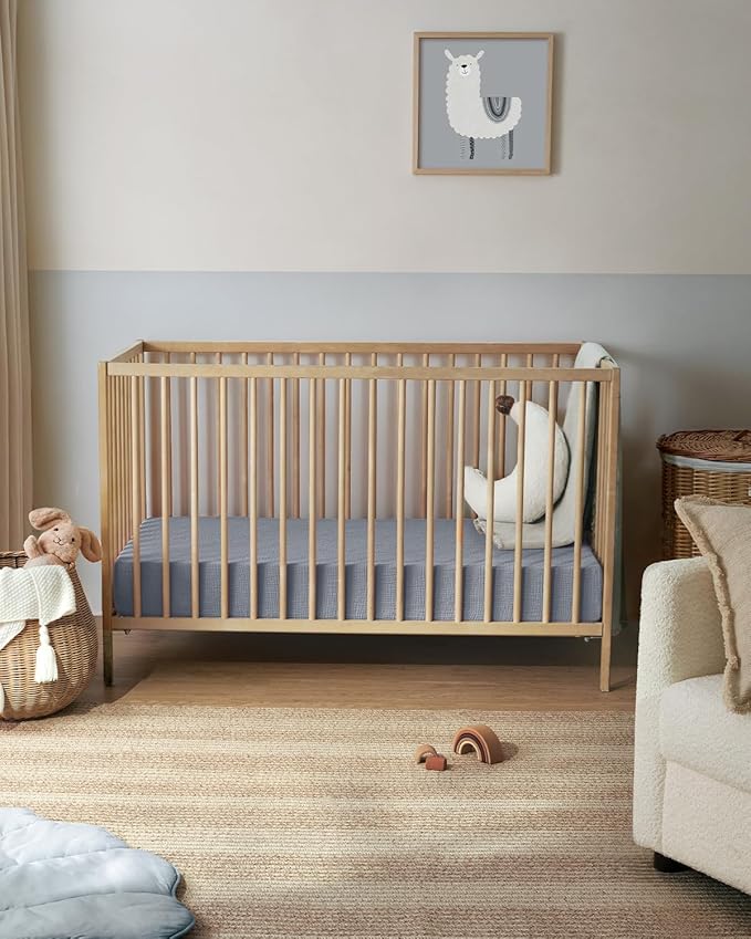 Blissful Diary Muslin Crib Sheets for Girl Boy, Boho Neutral Soft Cotton Baby Sheet for 52''x28'' Standard Crib Mattress, 2 Pack(Light Blue&Grey)