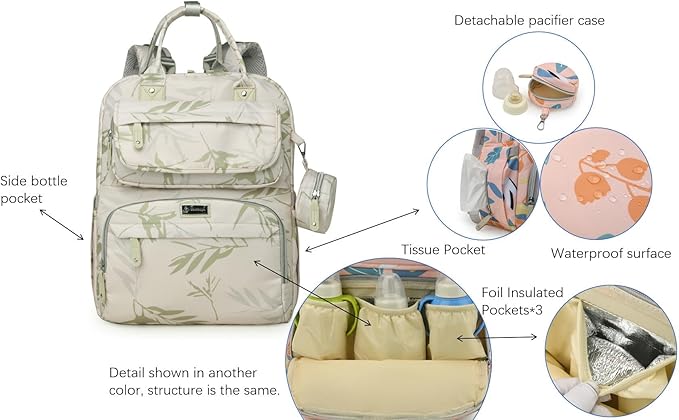 Diaper Bag Backpack for Baby – Large Capacity Waterproof Travel Tote, Multifunction Baby Bag with Changing Pad, Pacifier Holder & Stroller Straps (Elegant Green)