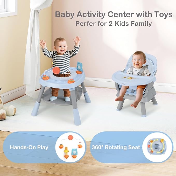 INFANS 9 in 1 High Chair, Convertible Baby Highchair for Babies and Toddlers, Table and Chair Set Building Block Infant Dining Booster Seat, Kids Stool with Activity Children Play Kitchen (Blue)