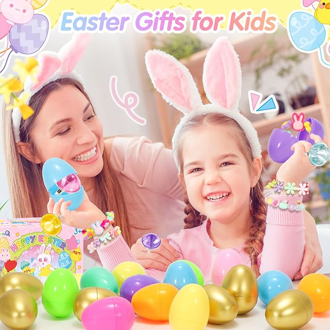 SevenQ Prefilled Easter Eggs with Bracelets Rings 24 Pack Kids Jewelry for Girls Easter Basket Stuffers Gifts for Kids Fidget Toys Fillers Princess Party Favors Classroom Treasure Box Egg Hunt Games
