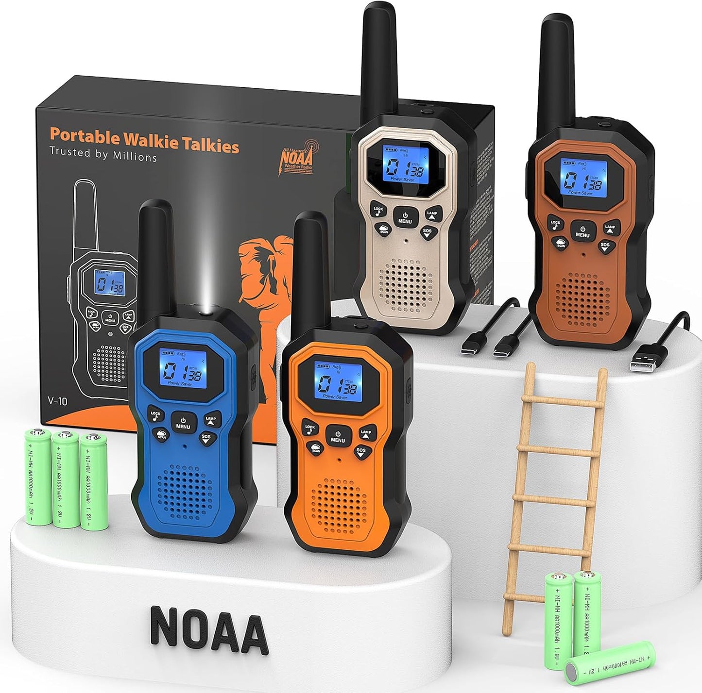 2 Way Radios for Adults Long Range Walkie Talkies for Kids Rechargeable 4 Pack, Camping Hiking Skiing Cruising Gear with Lamp, USB-C, SOS Siren, NOAA Alert, iVOX Hands-Free, One-Touch Pairing