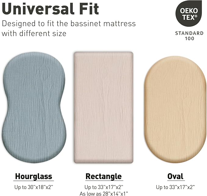Muslin Bassinet Fitted Sheets, 2 Pack for Baby Boy and Girl, Soft Breathable Stretchy Baby Pad/Mattress Sheet Set, Universal Fit for Hourglass Oval and Rectangle Bassinet Mattress (Bright Colors)