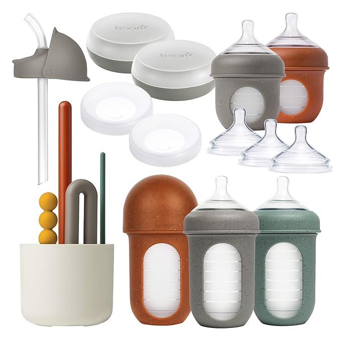Boon Nursh Baby Bottle Gift Set - Baby Feeding Essentials for New Moms - Includes 4 Oz and 8 Oz Baby Bottles, Storage Lids, Fast Flow Nipples, Storage Buns, Straw Lid, and Mod Baby Bottle Brush Set
