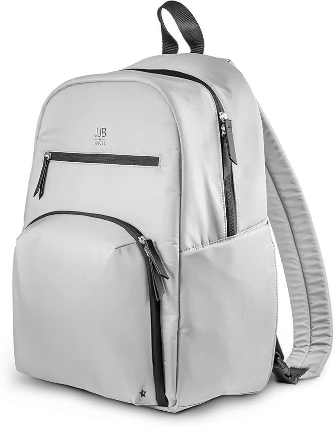 JJB by JuJuBe - New Deluxe Diaper Bag Backpack with Portable Changing Pad, Stroller Straps, Large Travel Backpack for Boy or Girl, Carrying Baby Bottles, Diapers, Pacifiers, Grey, Mother's Day Gift