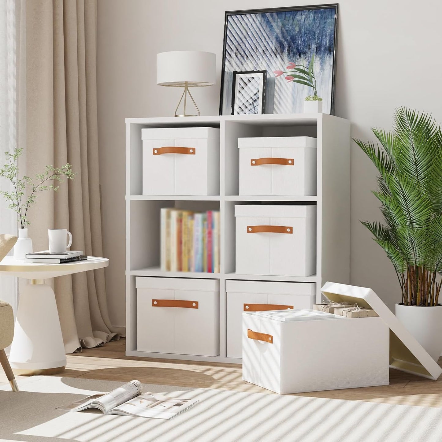 Fabric Storage Bins, Clothes Boxes for Shelves with Lids, Baskets for Organizing with Handles, Decorative Linen Closet Organizers, White, 1 Pack, 15 x 9.8 x 8.3 Inch