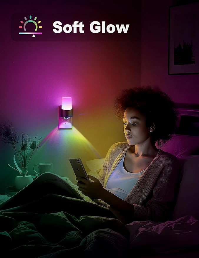 JandCase LED Night Lights Plug into Wall, Color Changing Night Light with Dusk to Dawn Light Sensor, RGB Night Light for Kids, Color LED Nightlight for Bedroom Bathroom Kids Room