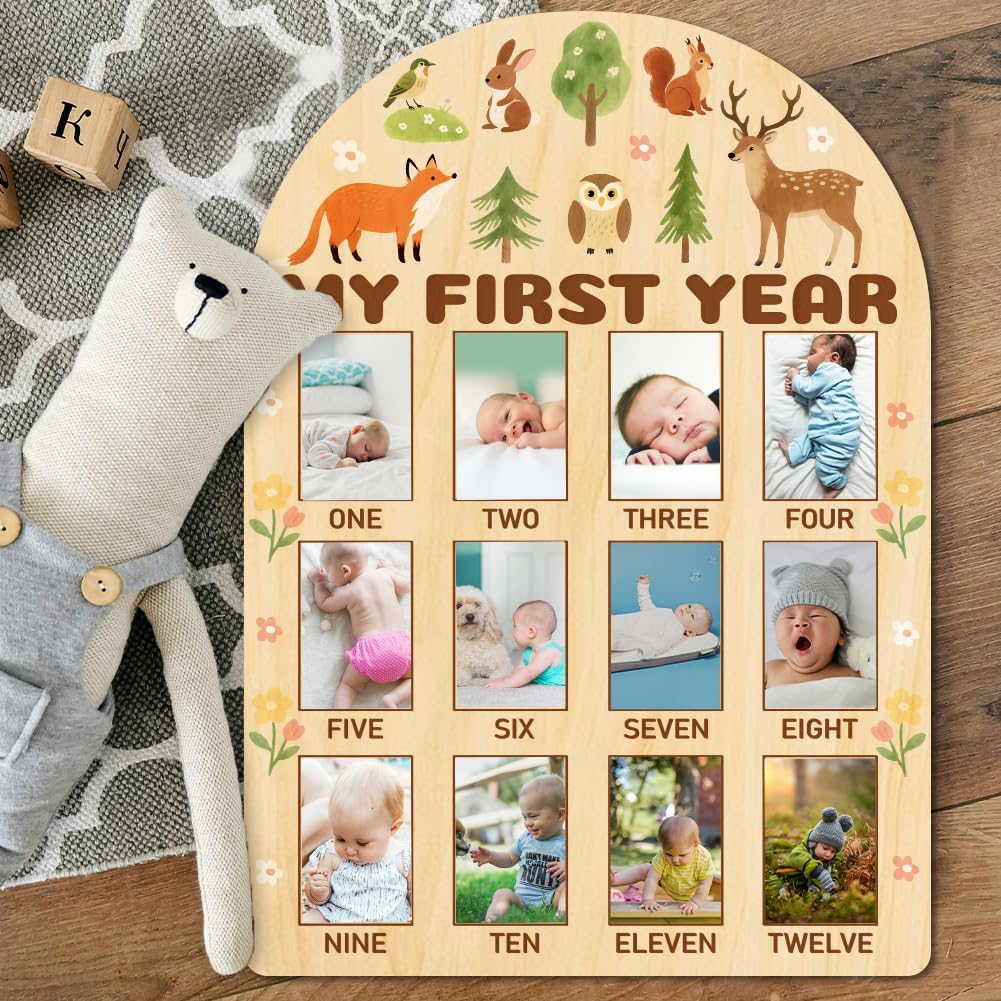 ORIGACH My First Year Baby Growth Photo Display Wood Board - 12 Months Newborn Milestones Photo Board - Neutral Baby Keepsake Board 1st Birthday Party Nursery Decor - Forest Animal & Flower