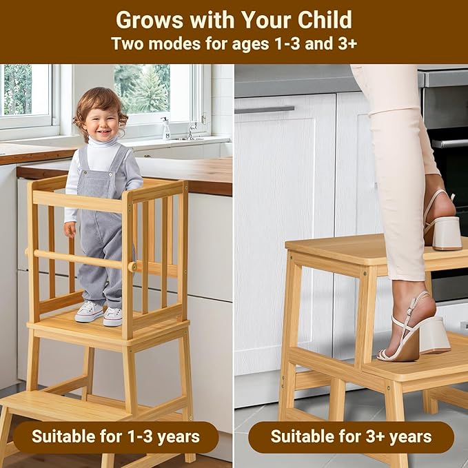 COSYLAND Kitchen Step Stool for Toddlers – Stable A-Frame Design Kids Standing Tower with Protective Crossbar – Wooden Learning Stool for Kitchen Island Counter, Bathroom (Natural)