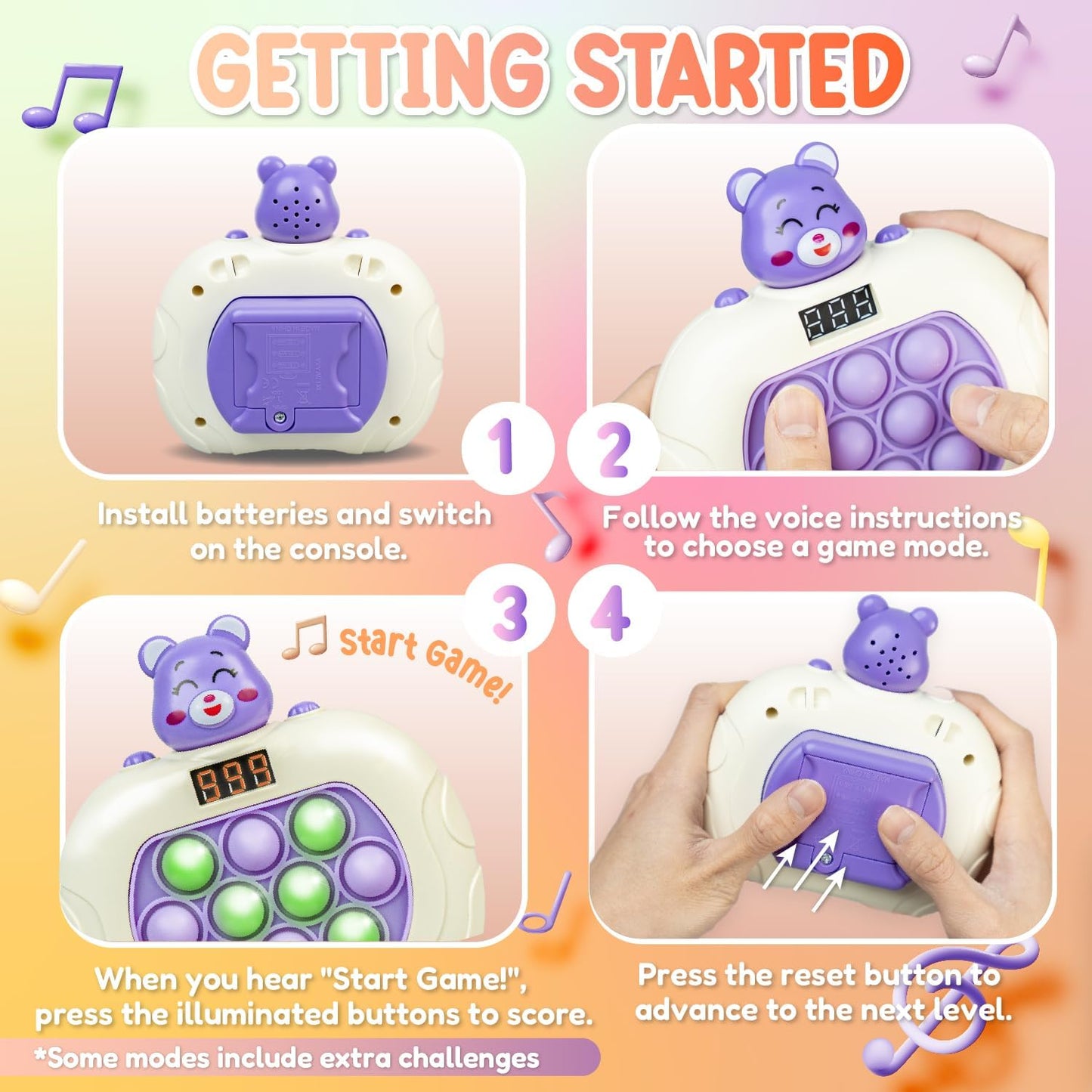 Marlo & Buzz Fast Push Game Toy with Popit Game Controller, Pop Fidget Animal with LED Screen - Sensory and Memory Console, Quick Bubble Light Toy, Pocket Games (Purple Bear)