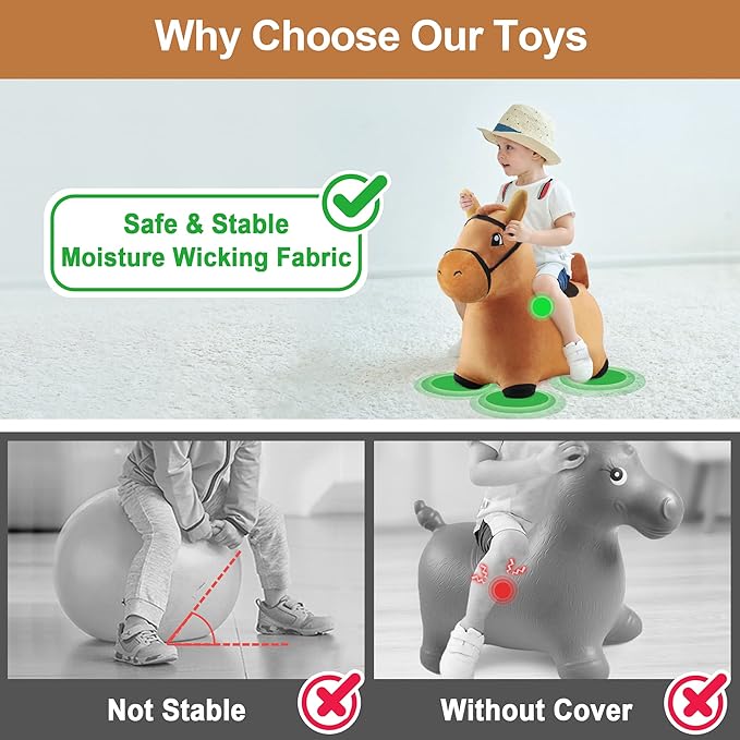 iPlay, iLearn Bouncy Pals Brown Hopping Horse, Toddler Plush Animal Hopper Toy, Kids Inflatable Ride on Bouncer W/Pump, Indoor Outdoor Jumper, Birthday Gifts for 18 24 Months 2 3 Year Old Boys Girls
