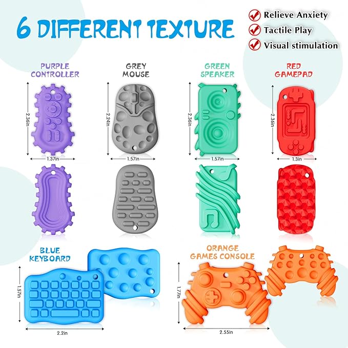 6Pcs Silicone Sensory Toys Set,Quiet Fidget Toys for Kids and Adults,Gamepad Texture Worry Stone for Calming,Fidget Stress Toys for Anxiety Relief-ADHD,Classroom Rewards,Party Favors