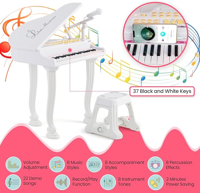 HONEY JOY Classical Kids Piano, 37-Key Toy Mini Grand Piano with Music Stand & Stool, Portable Electronic Educational Musical Instrument Toy w/ Microphone, Lights, Gift for Kids (White, 37 Keys)