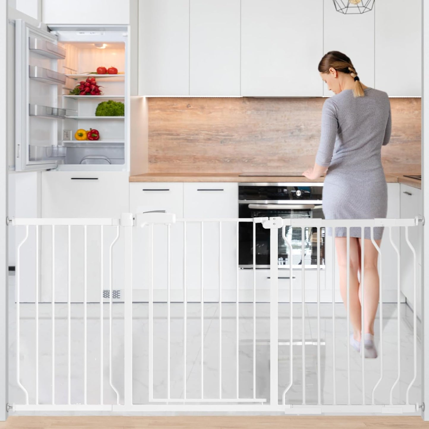 Extra Wide Baby Gate for Stairs Doorways with door, 30" Tall 57.1-66.5" Wide Easy Install Dog Gate indoor, Safety Metal Pressure Mounted Pet Gate with Walk-Thru Auto Close for the House, White