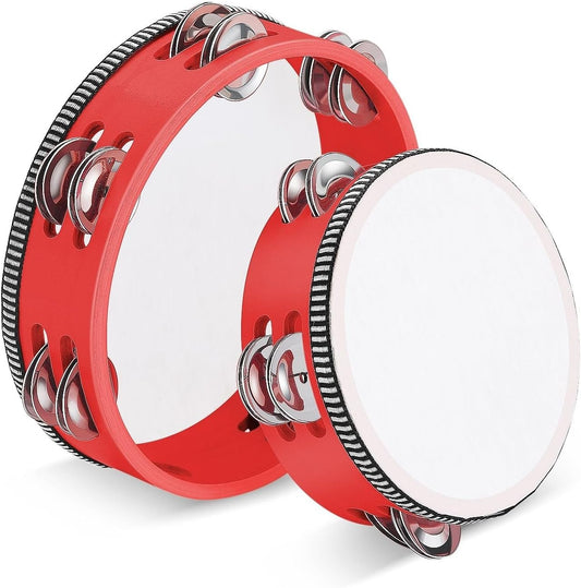 Flexzion Wood Handheld Tambourine for Kids - 8 & 6 Inch Set of 2 Pack, Double Row 12 Pair Metal Jingles, Percussion Drum Moon Musical Instrument (Red)