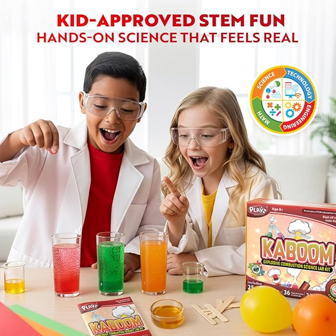 Playz Kaboom! 50+ Explosive Science Experiments Kit for Kids Age 8-12 with 25 Playz Lab Token Experiments - Chemistry Set STEM Learning & Educational Toys & Gifts for Boys, Girls, Teenagers & Kids