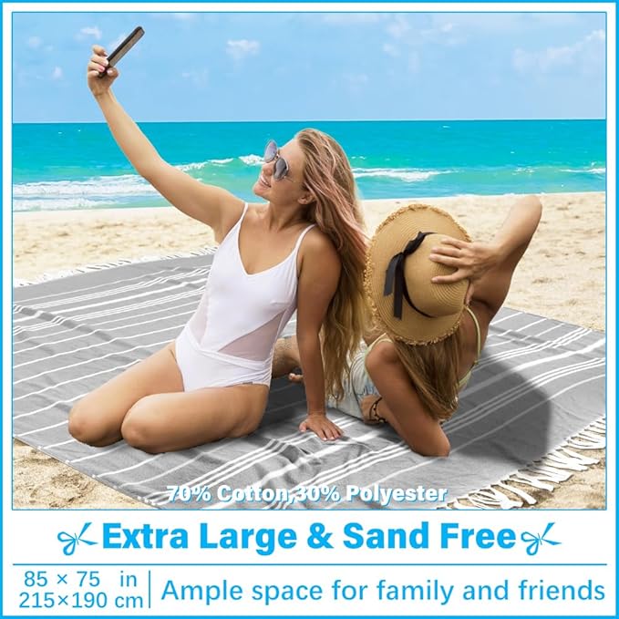 Oversized Turkish Beach Towel Blanket XXL Cotton Sandproof Towels Boho Woven Extra Large Big Sand Free Giant Throw Thick Blankets Huge Quilt XL Picnic Camping Necessities Cloud For Adult Gifts Grey