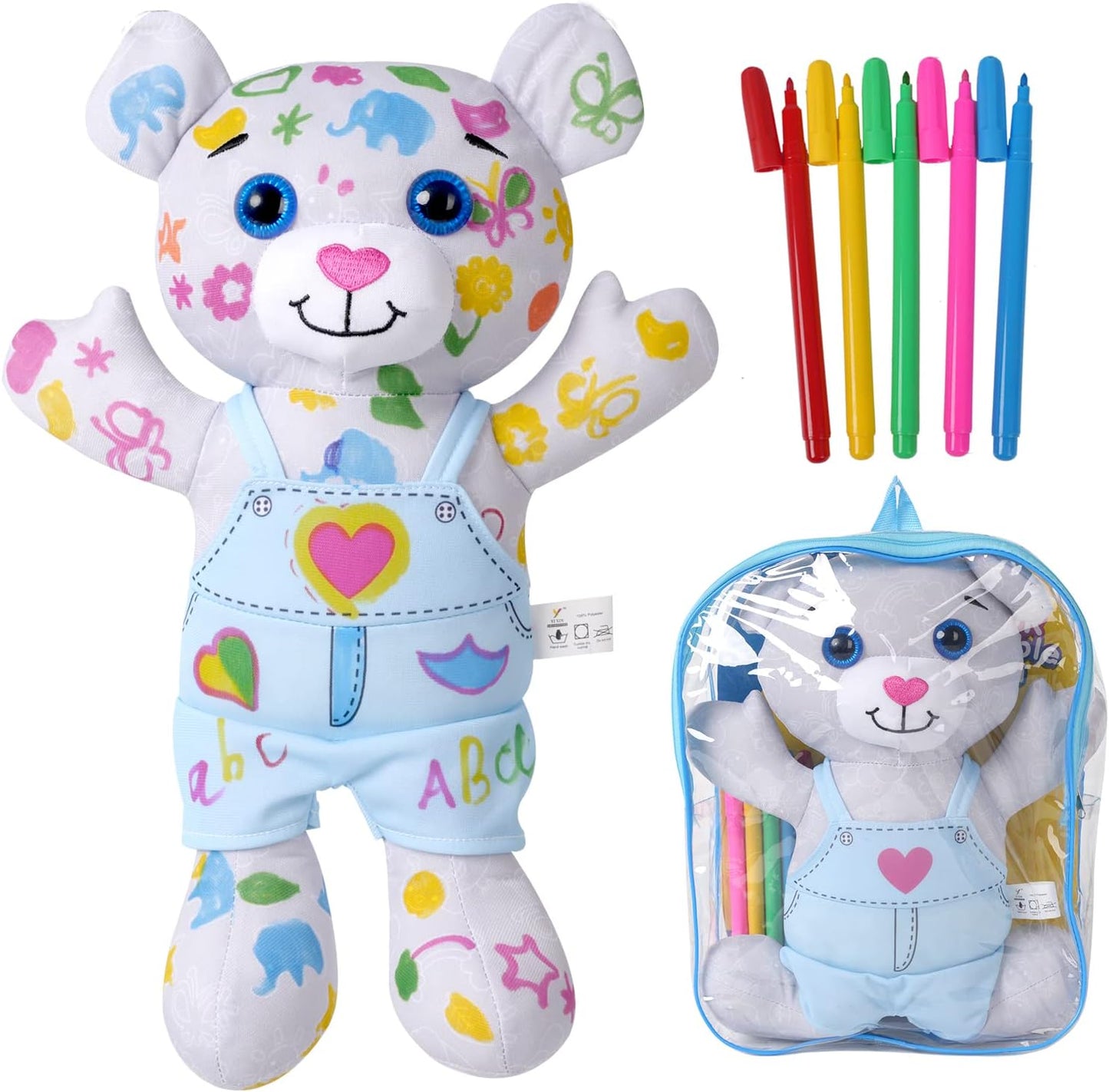 Coloring Plush Toy with 5 Washable Markers for Little Girls Doodle Dolls for Kids Ages 4-6 Birthday (Blue Bear)