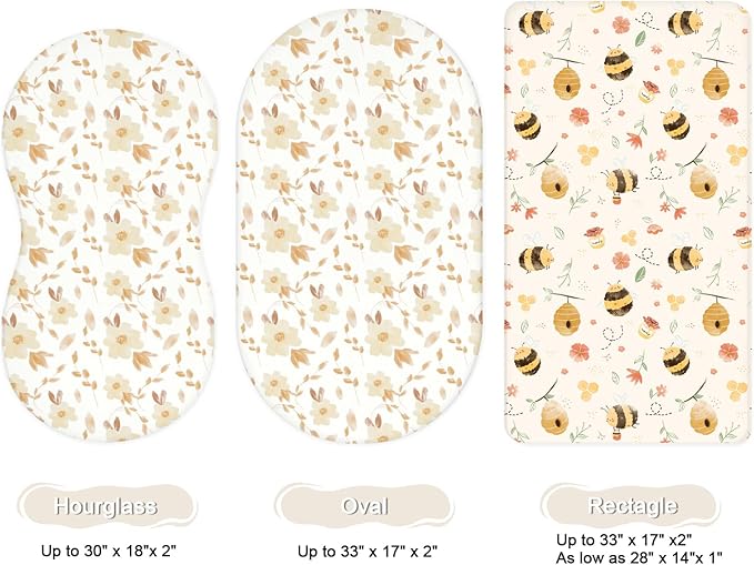 Bassinet Sheets for Baby Girls Boys 2 Pack, Fitted Baby Mattress Sheet for Rectangle, Oval, Hourglass Bassinet Mattress, Breathable Cozy & Universal Fit (Honeybee Dreams)