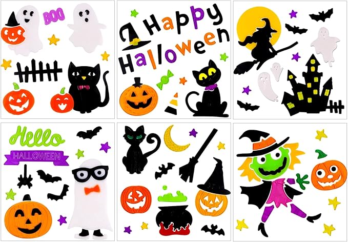 XIMISHOP 6sheet Halloween Gel Window Clings, Pumpkin Ghost Witch Gel Window Stickers Decoration Decals for Halloween Window Decor