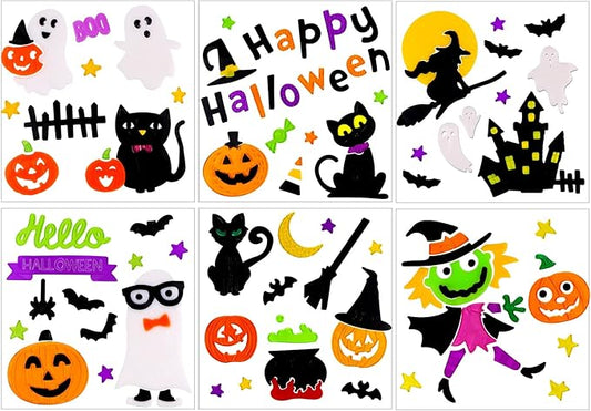 XIMISHOP 6sheet Halloween Gel Window Clings, Pumpkin Ghost Witch Gel Window Stickers Decoration Decals for Halloween Window Decor