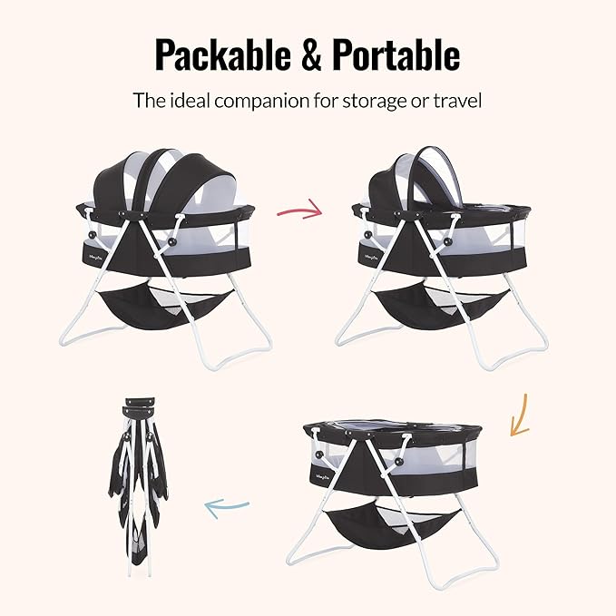 Dream On Me Karley Bassinet in Black, Lightweight Portable Baby Bassinet, Quick Fold and Easy to Carry, Adjustable Double Canopy, Indoor and Outdoor Bassinet with Large Storage Basket.
