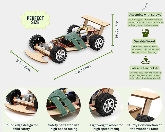 Wooden Wireless Remote Control F1 Racing Car Science Kit to Build (Green), STEM Project for Kids Aged 8 9 10 11 12 13, Science Building Kit Gift for Boys and Girls