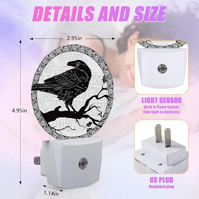 Crow Night Light Black Bird Night Lights LED Lamp Round Plug into Wall Nightlight with Dusk to Dawn Sensor Home Hallway Stairway Kitchen Decor