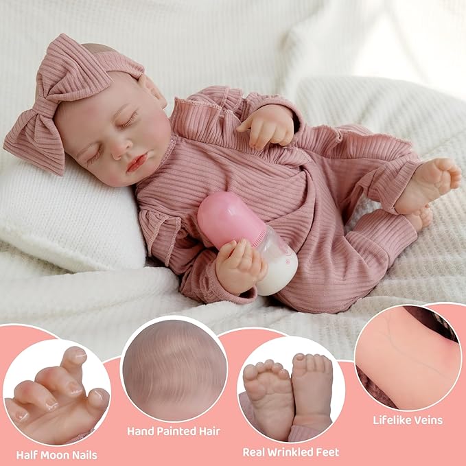 Jirachi Realistic Reborn Baby Dolls, Sleeping Real Life Soft Body Baby Girl, 18 Inch Lifelike Reborn Baby with Pink Clothing Set for Kids 3+