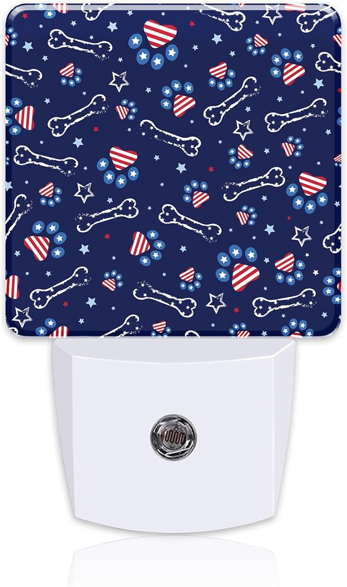 USA Flag and Paw Prints Night Light Plug into Wall, Cute American Patriotic Dog Prints Dusk to Dawn Night Light Plug in,0.5w Energy Saving Sleep Friendly NightLight for Kids Boys Girls Home Decor