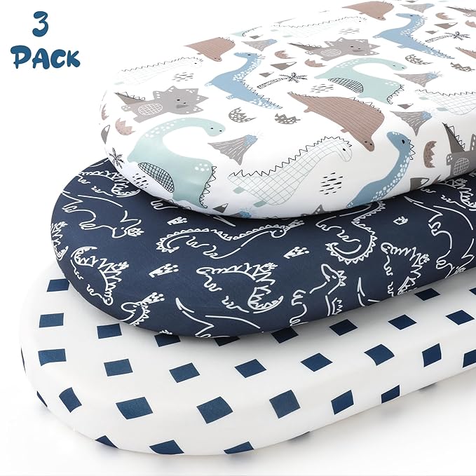 Yoofoss Bassinet Sheets for Baby,3-Pack Fitted Bassinet Sheets Set Compatible with Halo Bassinest Swivel Sleeper,Baby Delight,Angelbliss,Soft Breathable Bassinet Mattress Sheets (Dark Blue+Dinosaurs)