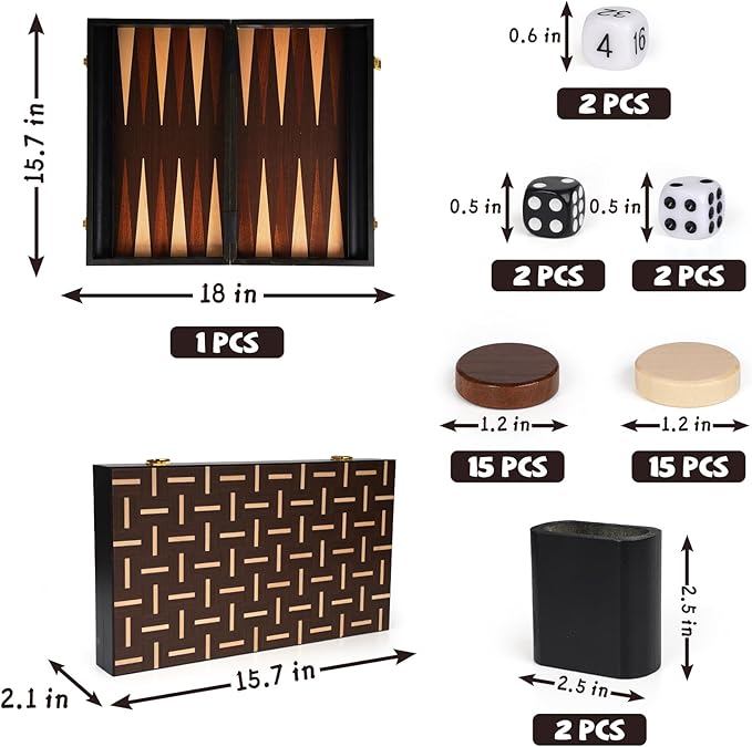 15" Wooden Backgammon Board Game Set for Adults and Kids - Portable and Travel Backgammon Set Family Game Night Vintage Backgammon Strategy Game- Classic Board Strategy Game