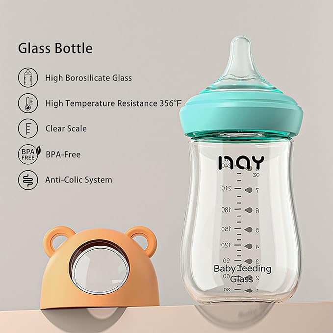 Natural Glass Baby Bottle for Breastfeeding Babies, 8oz Anti-Colic Baby Bottle with Natural Response Nipple(M), Clear, Wide Neck, 4 Pack, 3 Months+