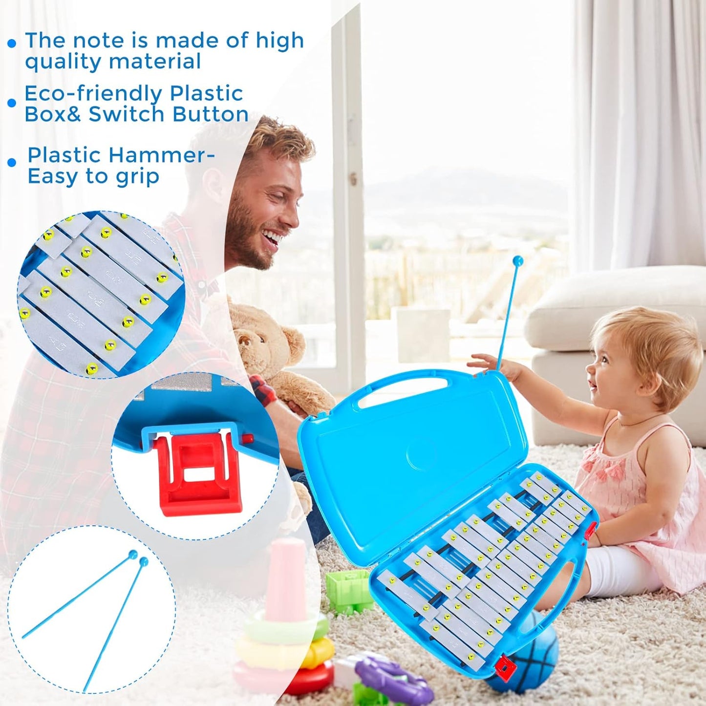 EASTROCK Professional Glockenspiel, 25 Notes Xylophone for Kids, Xylophone Instrument Music Teaching, Gifts, Perfectly Percussion Instrument Blue