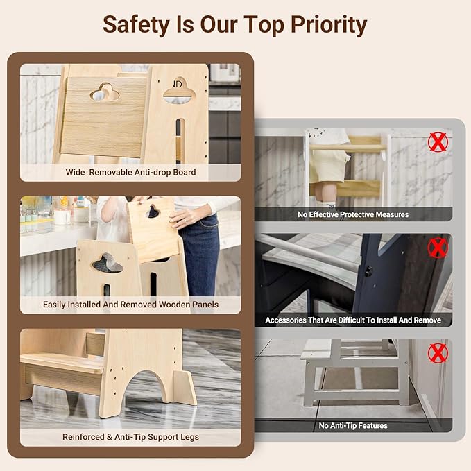 COSYLAND Height Adjustable Toddler Standing Tower - Super Stable Toddler Kitchen Stool Helper with Wooden Barrier - No Falling or Tipping Over (Natural)