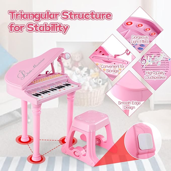 HONEY JOY Classical Kids Mini Grand Piano w/ Music Stand & Stool, Portable Electronic Piano Educational Musical Instrument Toy w/ Microphone, Lights, Gift for Kids (Pink, 31 Keys)