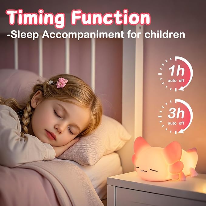 Tremdwoto Axolotl Night Light for Kids, 7 Color Changing Cute Axolotl Lamp，Dimmable &1/3 H Timer, USB Rechargeable Silicone Nursery Nightlight for Kid Bedroom Decor Axolotl Gift for Boys and Girls