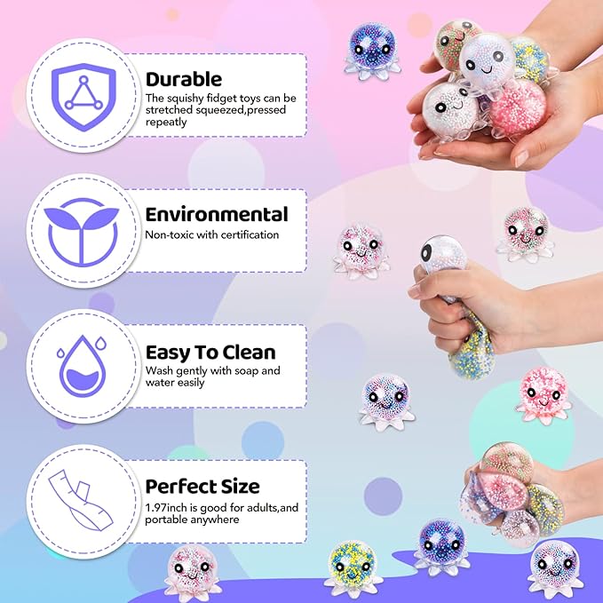 12 Pack Fidget Stress Balls for Adults, Cute Octopus Stress Relief Stress Ball, Bulk Squishy Squeeze Ball Set and Birthday Party Favors