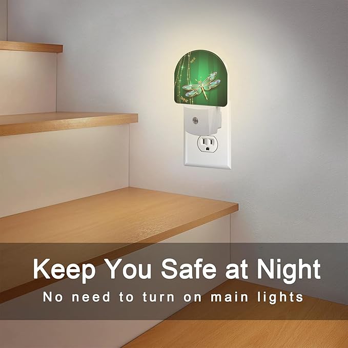Green Jewel Dragonfly Night Light for Kids,Luxuxy Gold Dragonfly Night Light Plug in with Dusk to Dawn Sensor,0.5w Energy Saving Sleep Friendly Nightlight for Hallway Stairway Kitchen Bedroom