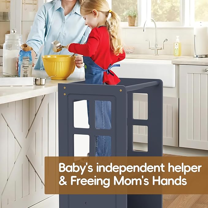 4 in 1 Toddler Kitchen Stool Helper, Adjustable Height Learning Standing Tower with Whiteboard, Toddler Step Stool 2 in 1 Convertible Table and Chair for Kids 1.5 to 6 Years Old