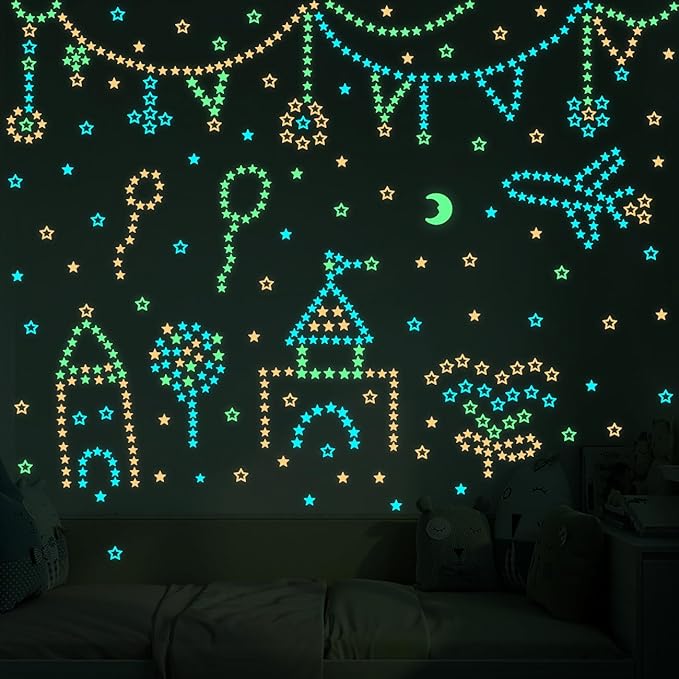 140 pcs Colorful Glow in The Dark Moon and Stars Wall Stickers Yellow Pink Blue Glowing Star Decor DIY 3D Hollow Luminous Stars Wall Decals for Kids Boys Baby Bedroom Ceiling Wall Decoration