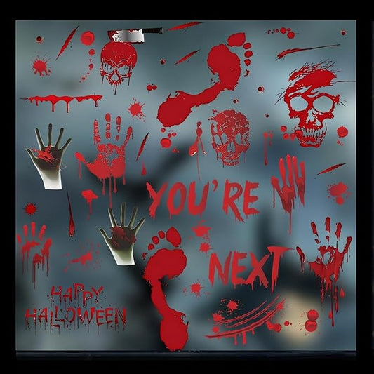 5 Sheets Halloween Window Cling Halloween Bloody Handprint Footprint Window Stickers Double-Side Blood Skull Blood Drop Window Stickers Bloody Handprint Stickers for Scary Party Decoration