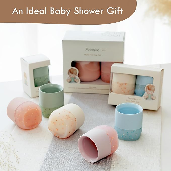 Moonkie Silicone Baby Cups 4 Months+ | Tiny Open Training Cups for Infants with Confetti Sprinkles | Baby-Led Weaning Essential | 2 oz (Ether/Mint, 2 Pack)