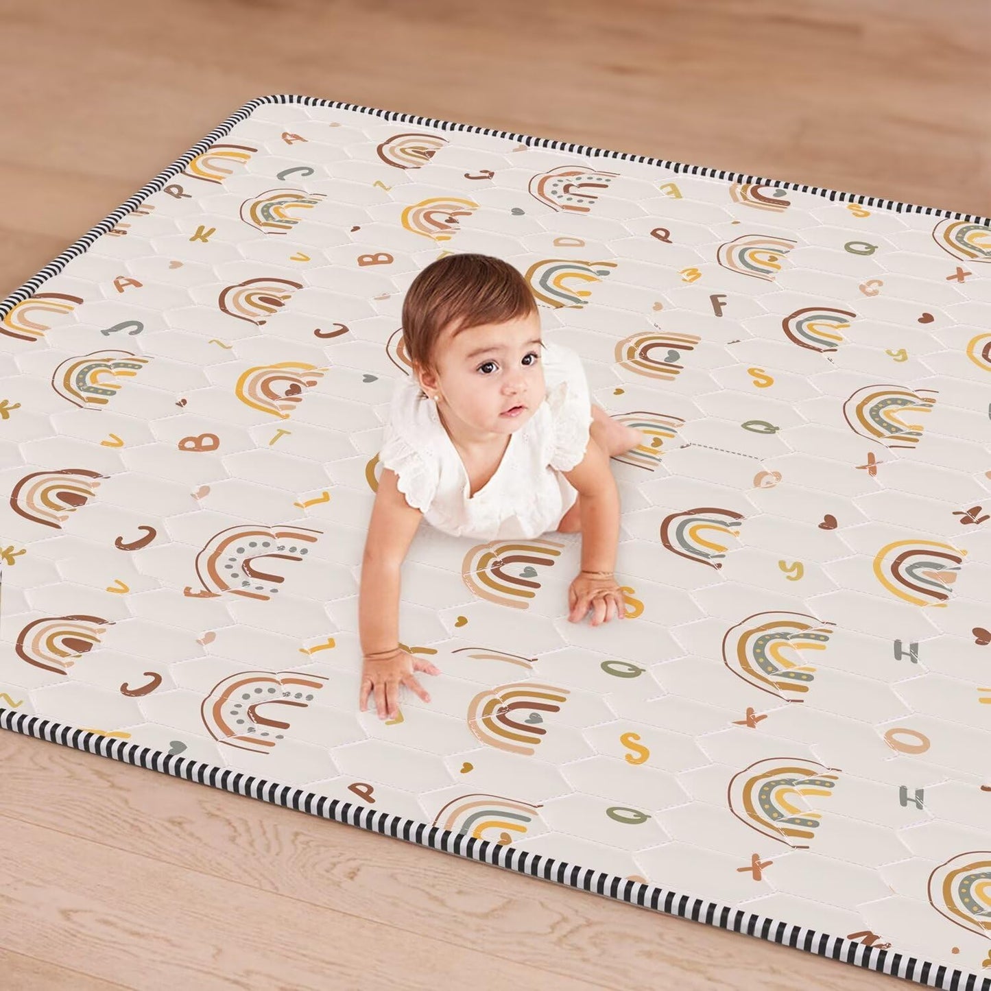 Boho Rainbow Baby Play Mat 71" X 59" Playpen Mat Thicken One-Piece Crawling Mat Non-Slip Cushioned Baby Floor Mat Letter Playmats for Babies Toddlers Infants Tummy Time Activity (71X59,Beige)