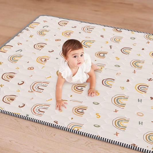 Boho Rainbow Baby Play Mat 71" X 59" Playpen Mat Thicken One-Piece Crawling Mat Non-Slip Cushioned Baby Floor Mat Letter Playmats for Babies Toddlers Infants Tummy Time Activity (71X59,Beige)