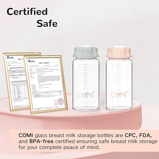 COMI Natural Glass Baby Bottle,Standard Neck Breastmilk Storage Bottle for Fridge,Breast Milk Container,Breast Pump Bottle Compatible with Medela Breast Pump,BPA Free,4PCS (5oz, 2 Gray+2 Pink)