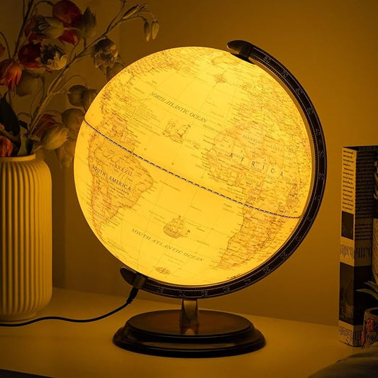 12'' Retro Illuminated World Globe with Wooden Stand, 2-1 Educ & Décor Antique Night Light up Globe Built in LED & HD Printed Map, Antique Illuminated Glob for Adults & Kids, Home Décor, Office