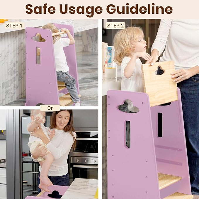 COSYLAND Toddler Standing Tower Adjustable Height - Super Stable Kids Kitchen Stool Helper - 3 Levels Adjustable Wooden Toddler Kitchen Stool (Natural & Pink)
