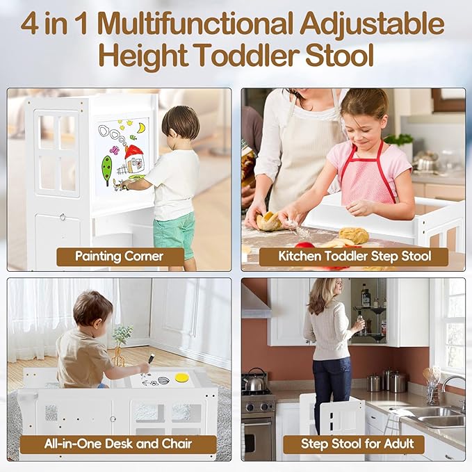4 in 1 Toddler Kitchen Stool Helper Tower, Adjustable-Height Toddler Step Stool with Double-Sided Whiteboard, Anti-Slip Protection, Kids Learning Standing Tower for Kitchen Counter Bathroom Sink
